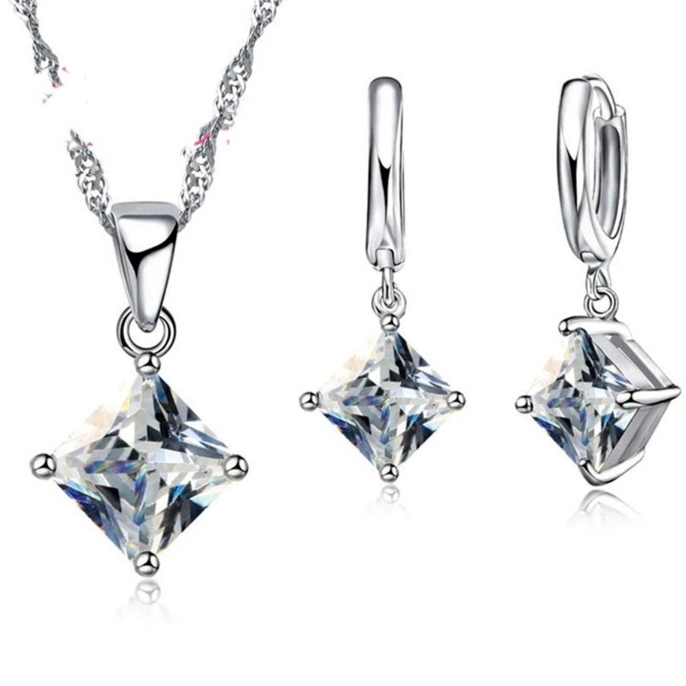 4Pc Princess Diamond Set Pendant, Earrings & 18" Chain 925 Sterling Silver - Picture 4 of 5